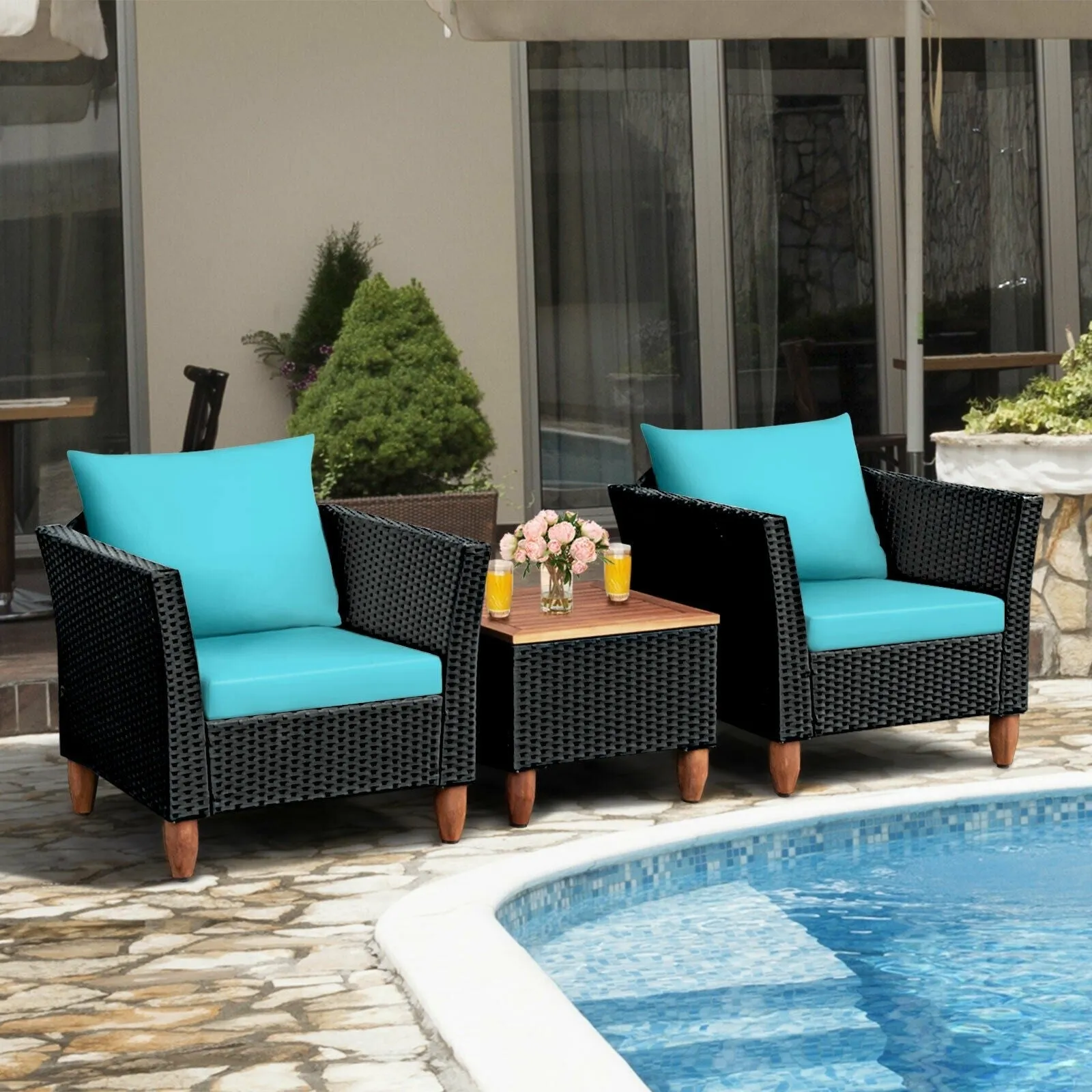 3pc Outdoor Patio Rattan Furniture Set - Turquoise