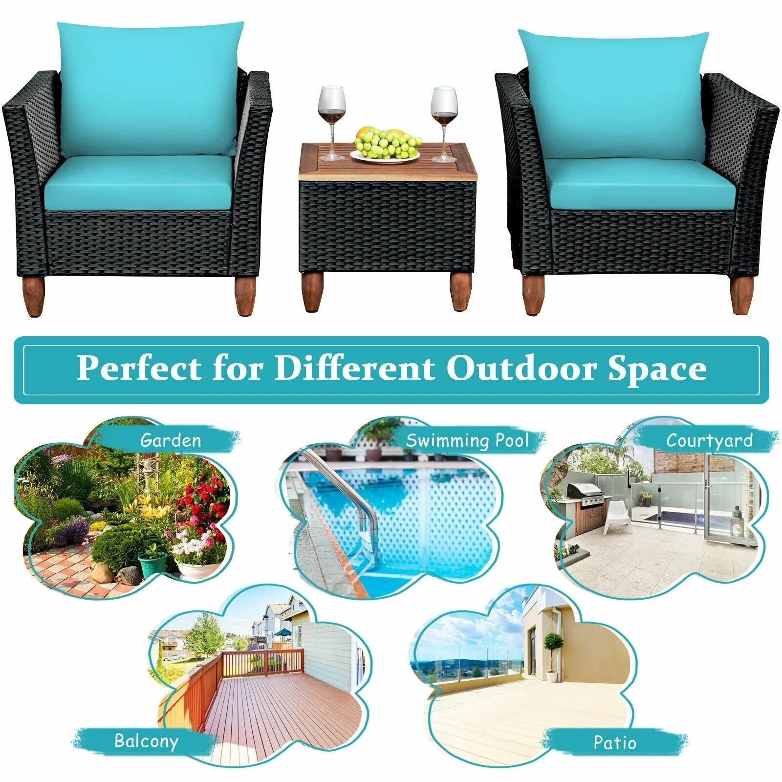 3pc Outdoor Patio Rattan Furniture Set - Turquoise