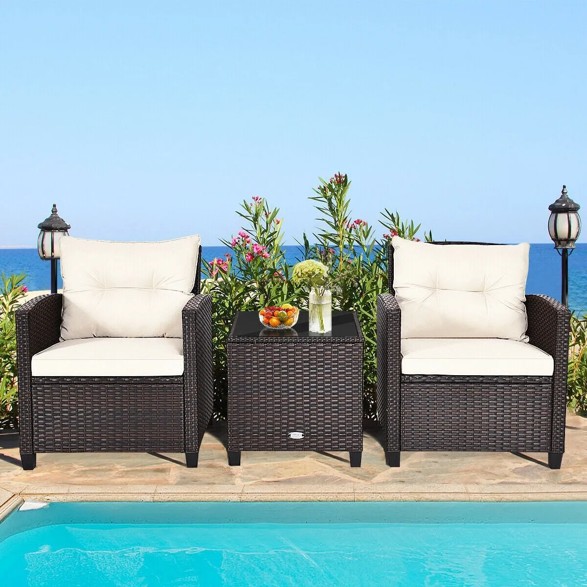 3pc Outdoor Patio Rattan Furniture Set - White