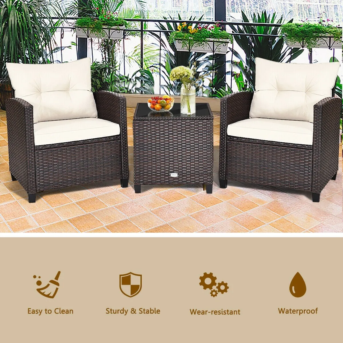 3pc Outdoor Patio Rattan Furniture Set - White