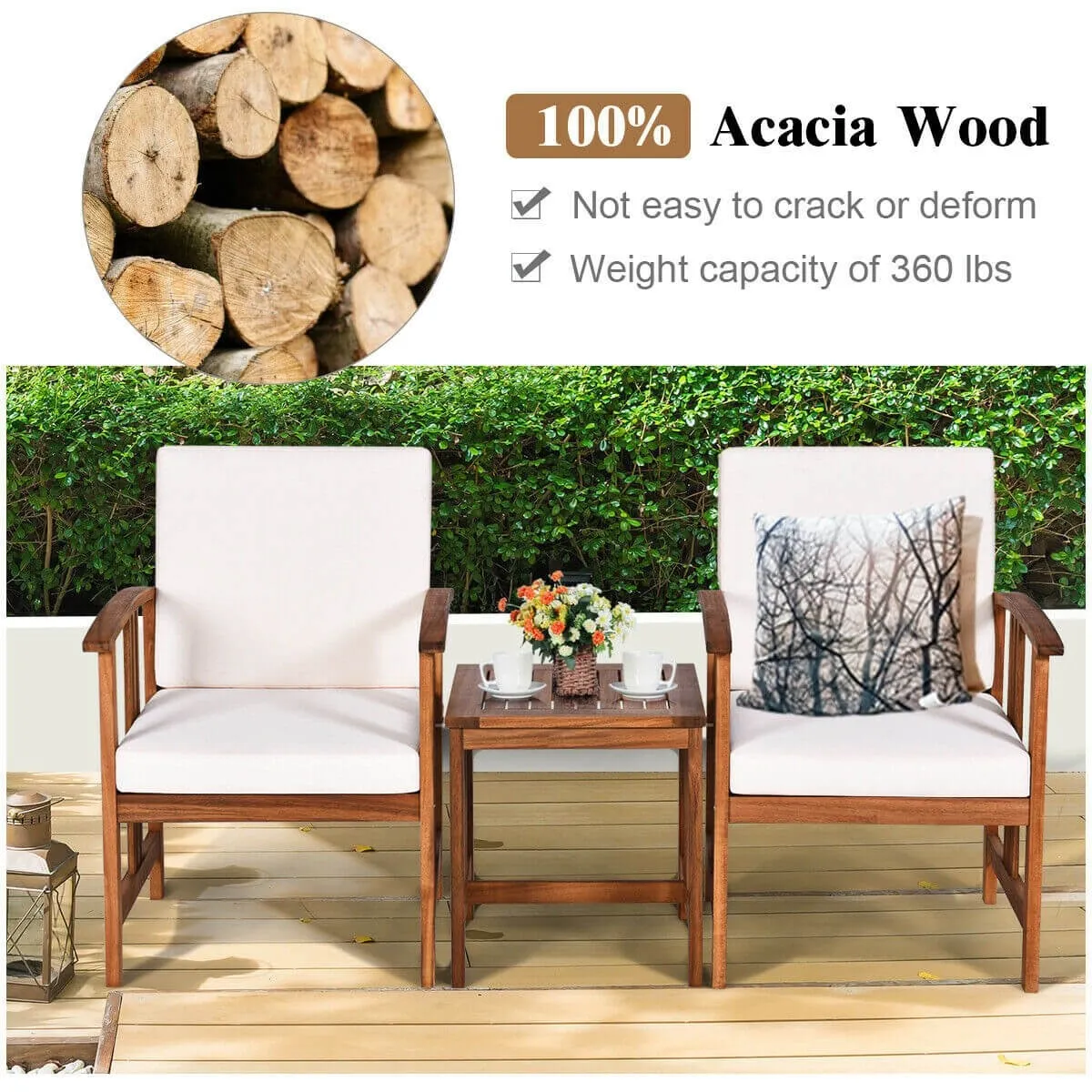 3pc Outdoor Wooden Patio Furniture Set - White