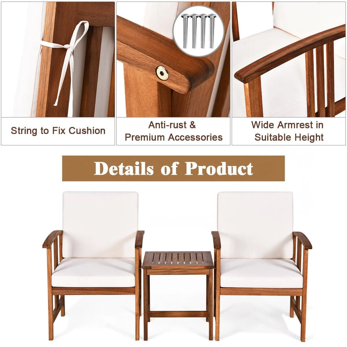 3pc Outdoor Wooden Patio Furniture Set - White