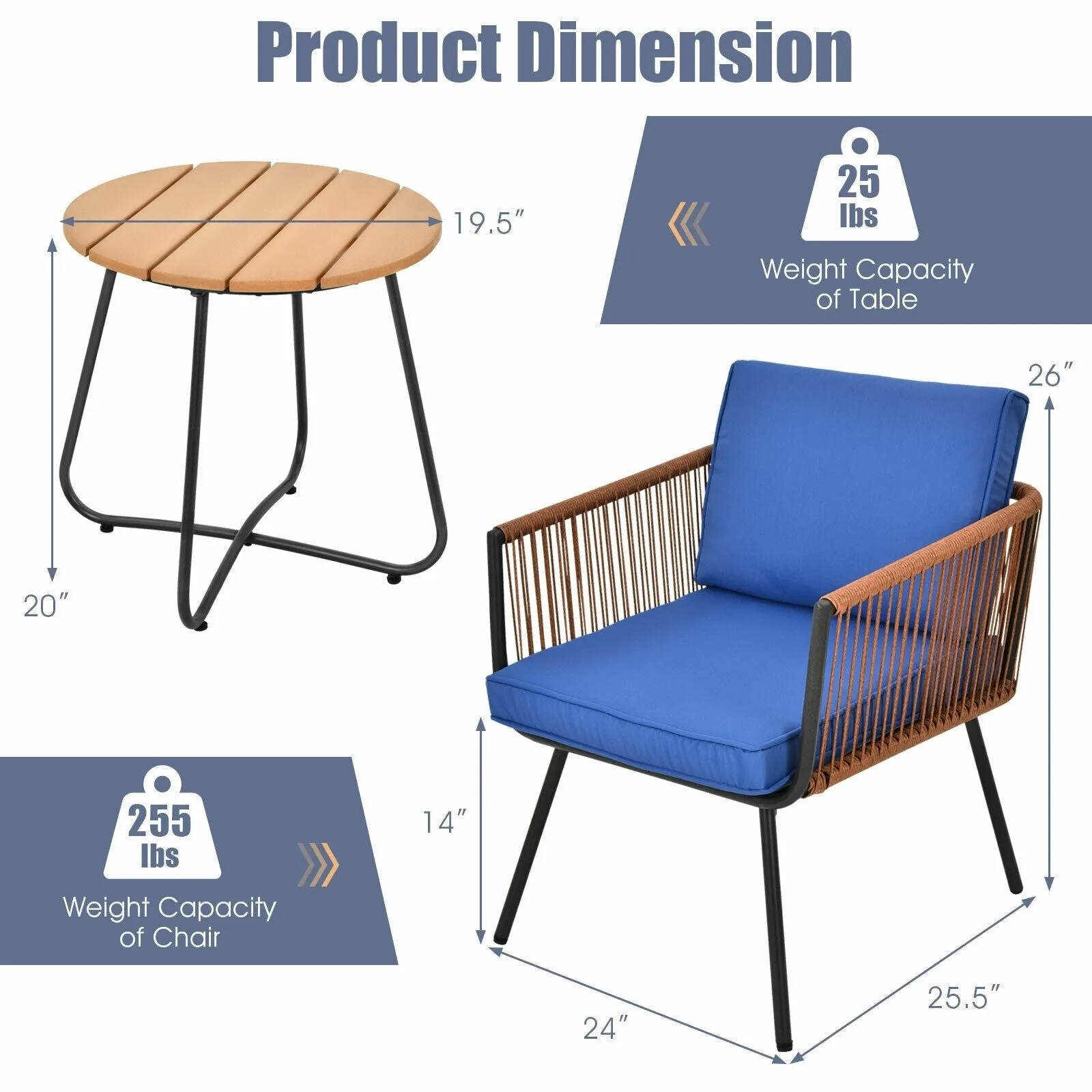 3pc Patio Bistro Furniture Set - Blue