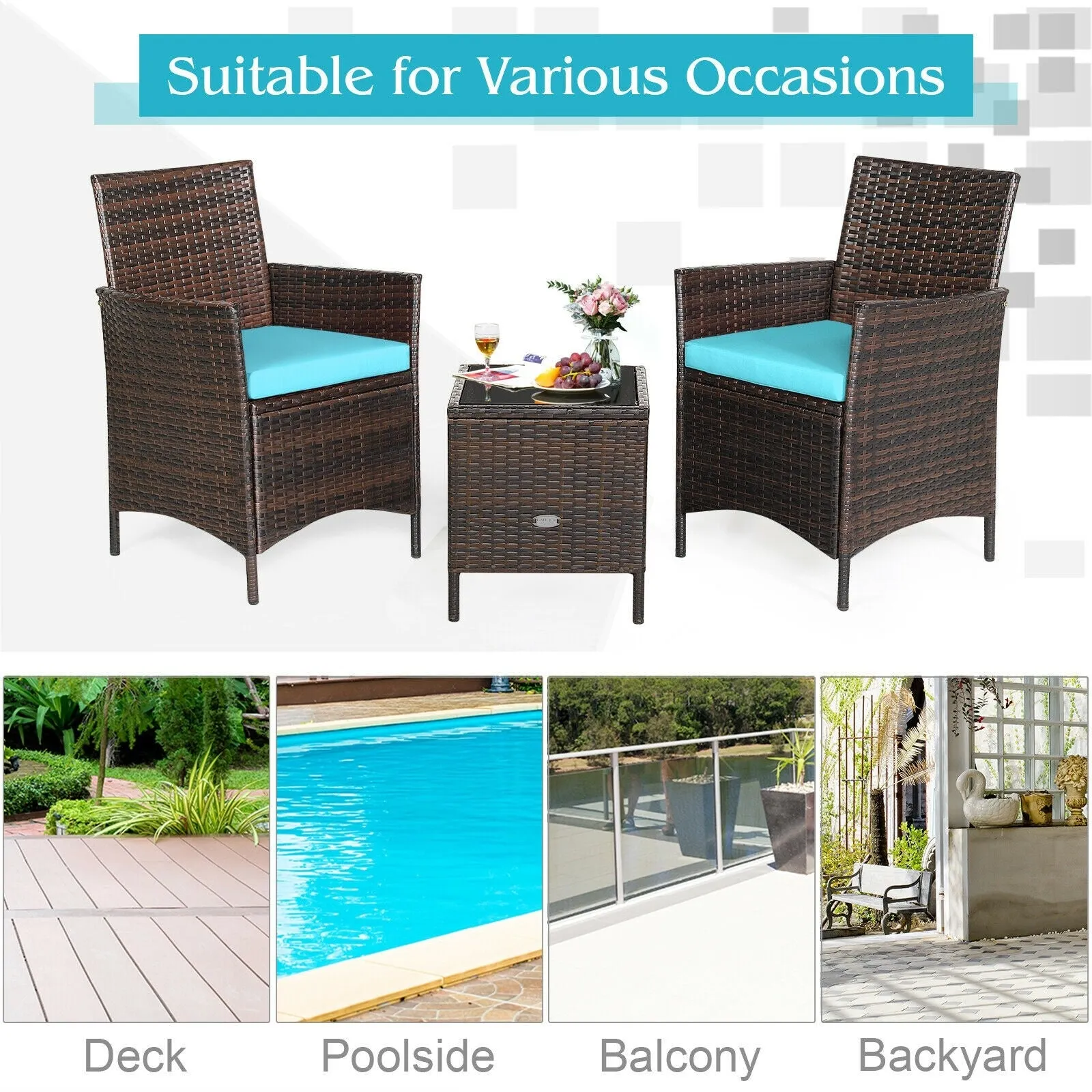 3pc Patio Rattan Furniture Set - Turquoise