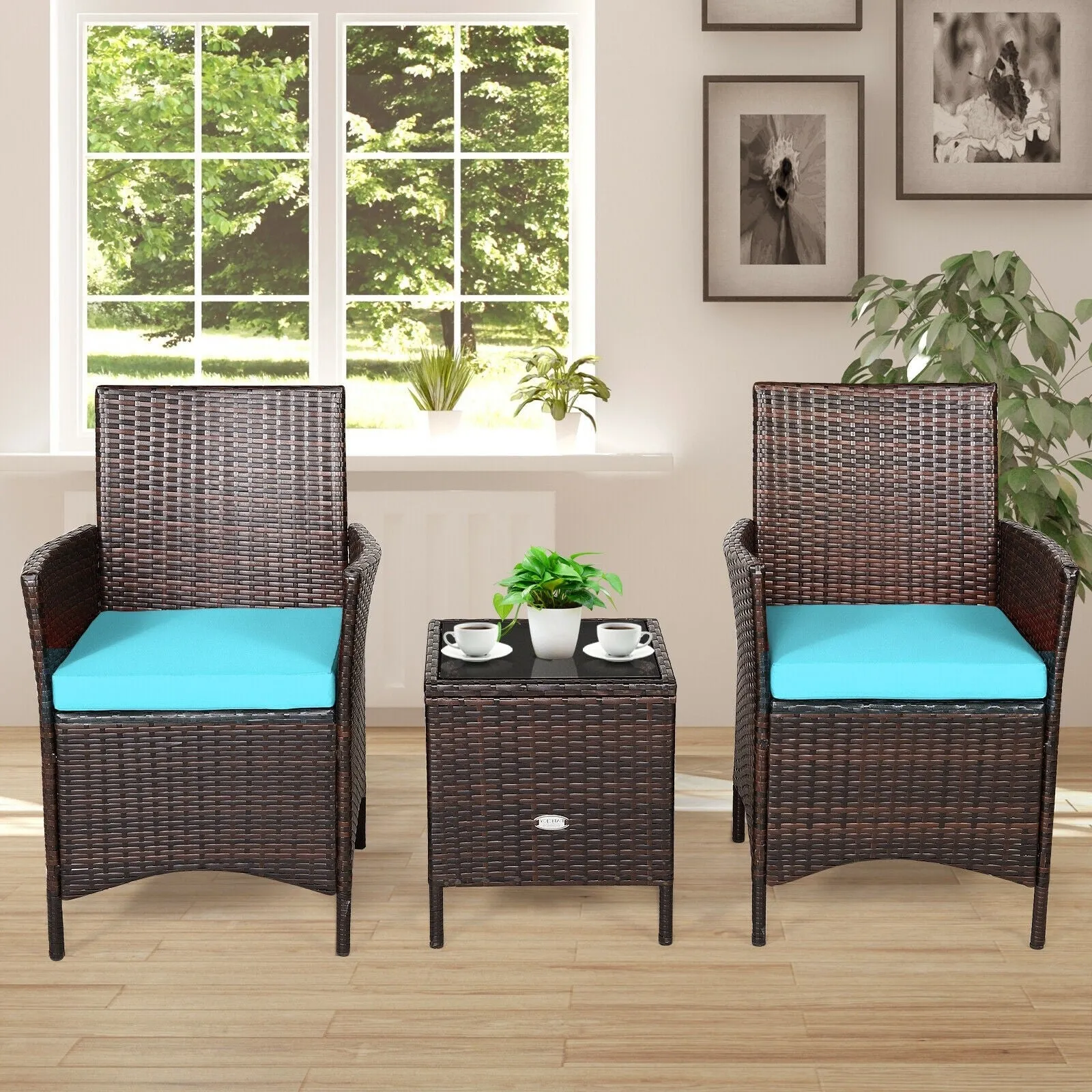 3pc Patio Rattan Furniture Set - Turquoise