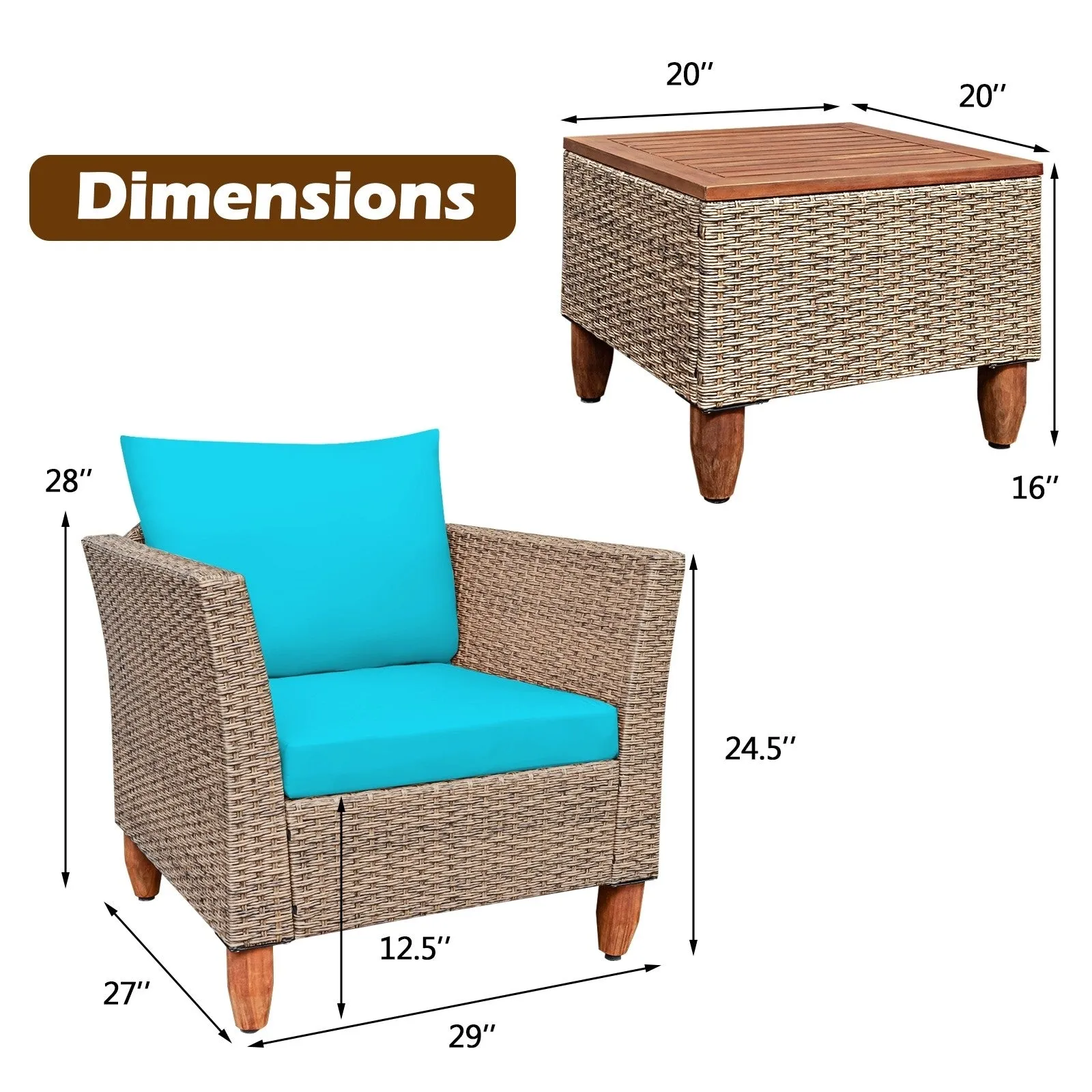 3pc Patio Rattan Furniture Set - Turquoise