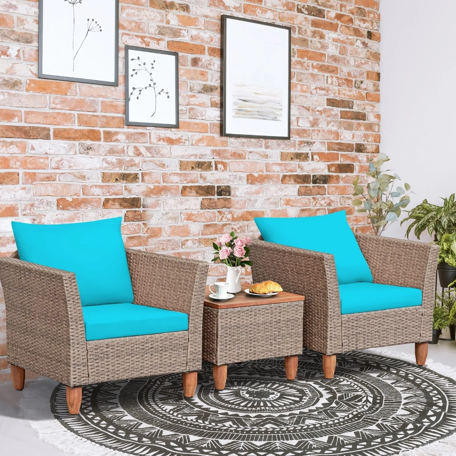 3pc Patio Rattan Furniture Set - Turquoise