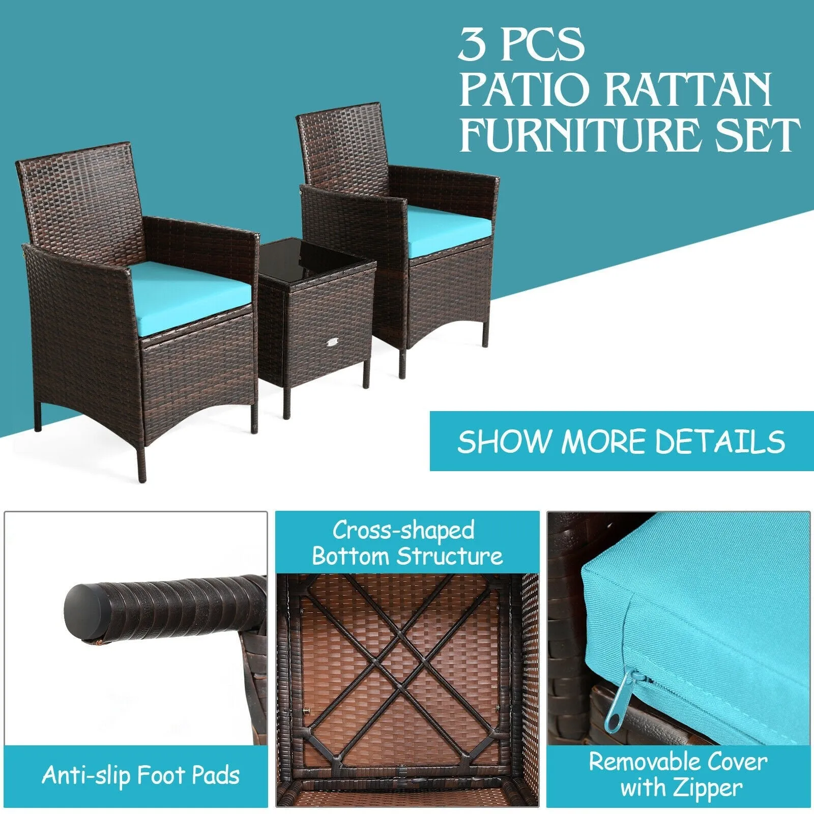 3pc Patio Rattan Furniture Set - Turquoise