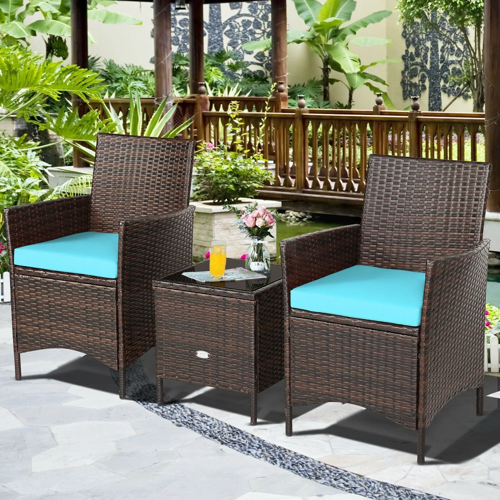 3pc Patio Rattan Furniture Set - Turquoise