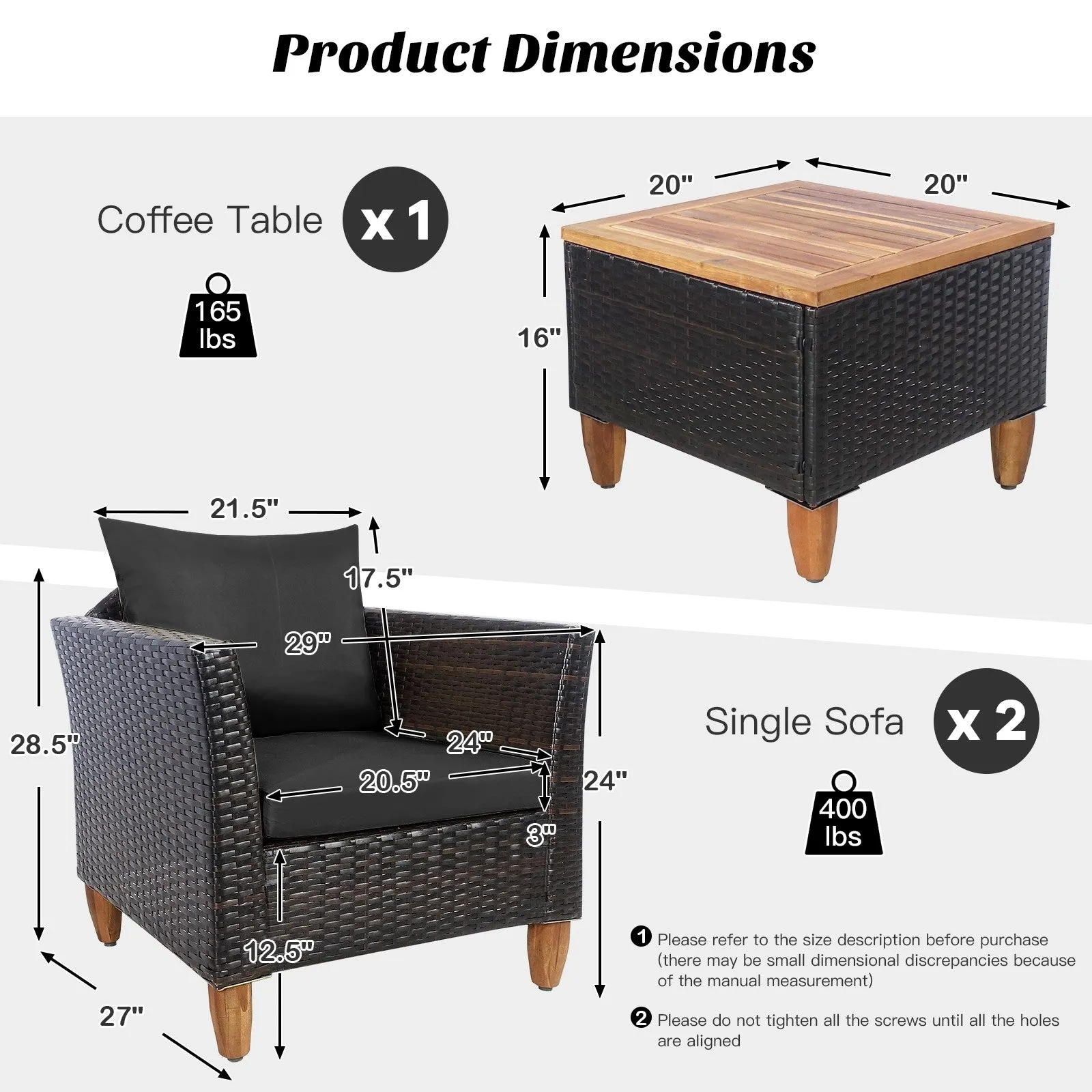 3pc Patio Rattan Furniture Set with Wooden Table Top - Black