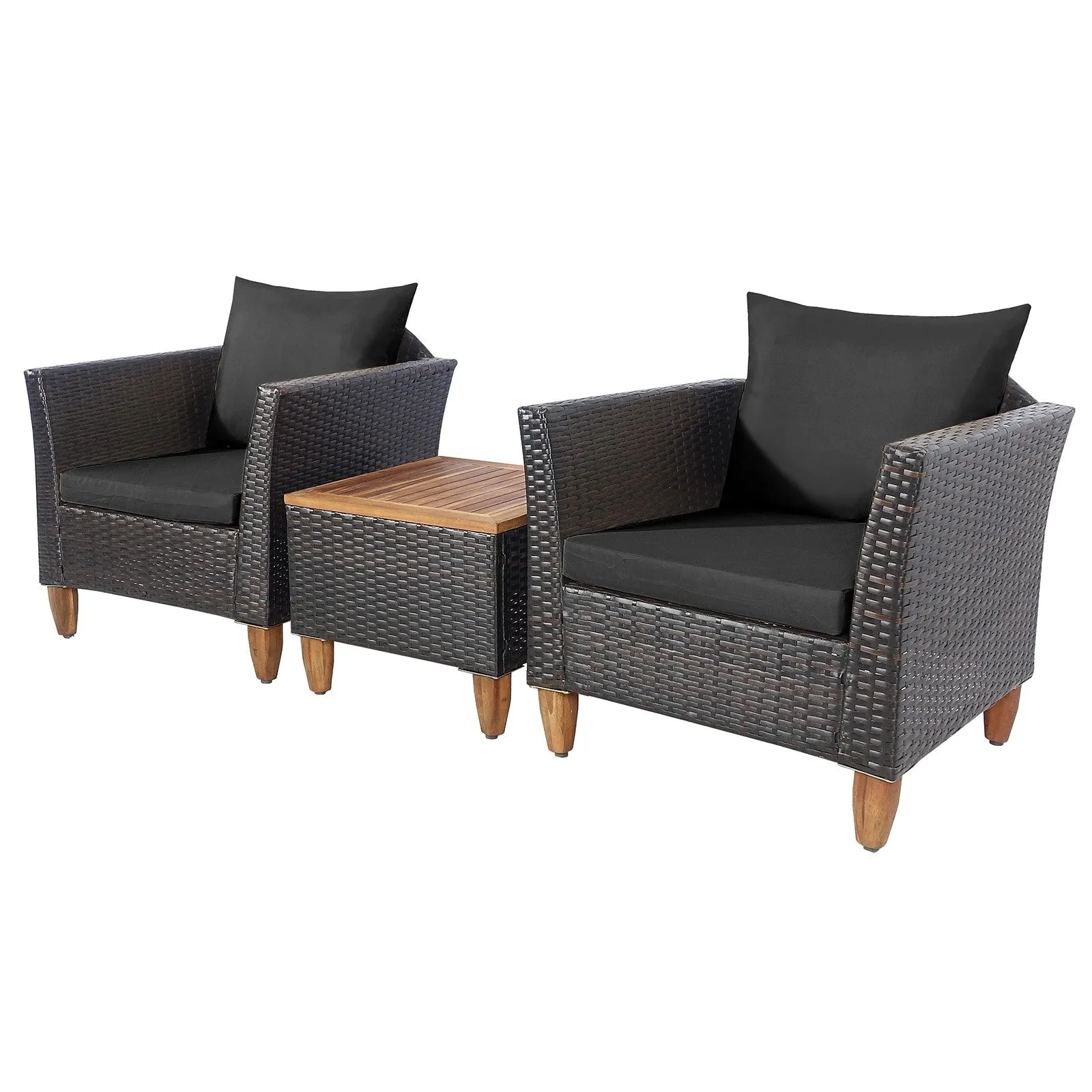 3pc Patio Rattan Furniture Set with Wooden Table Top - Black