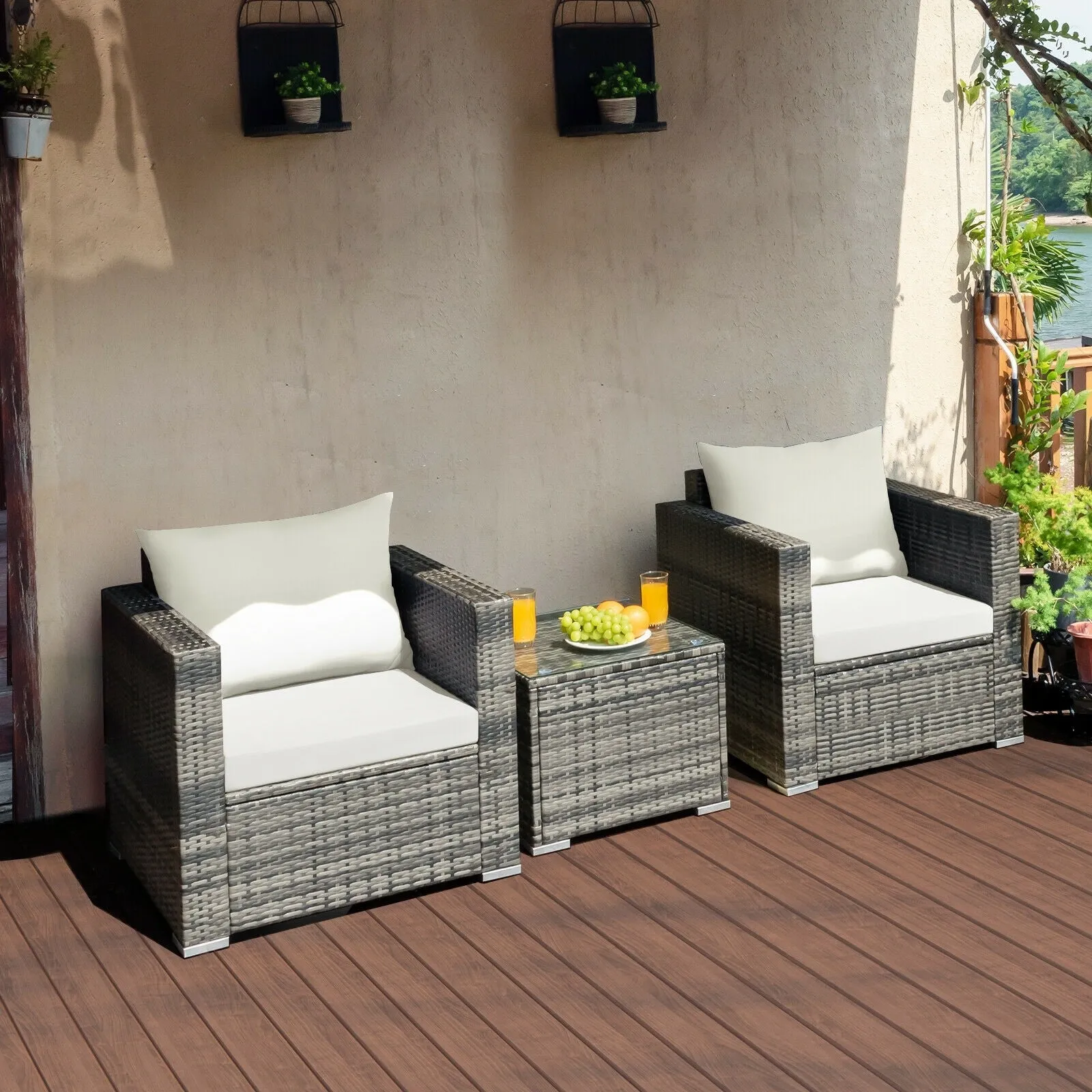 3pc Patio Rattan Furniture Sofa Set - White