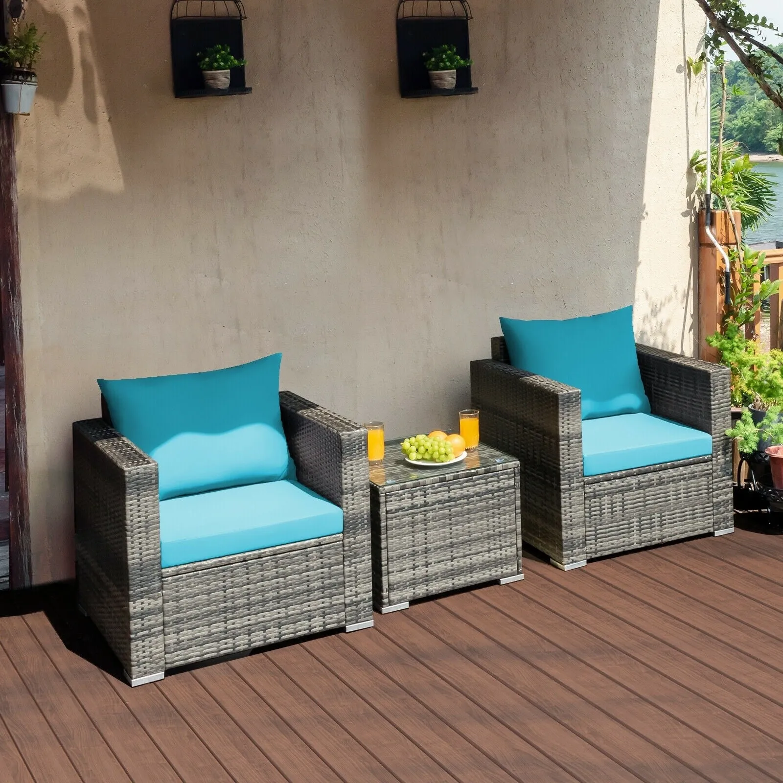 3pc Patio Rattan Sofa Set - Turquoise