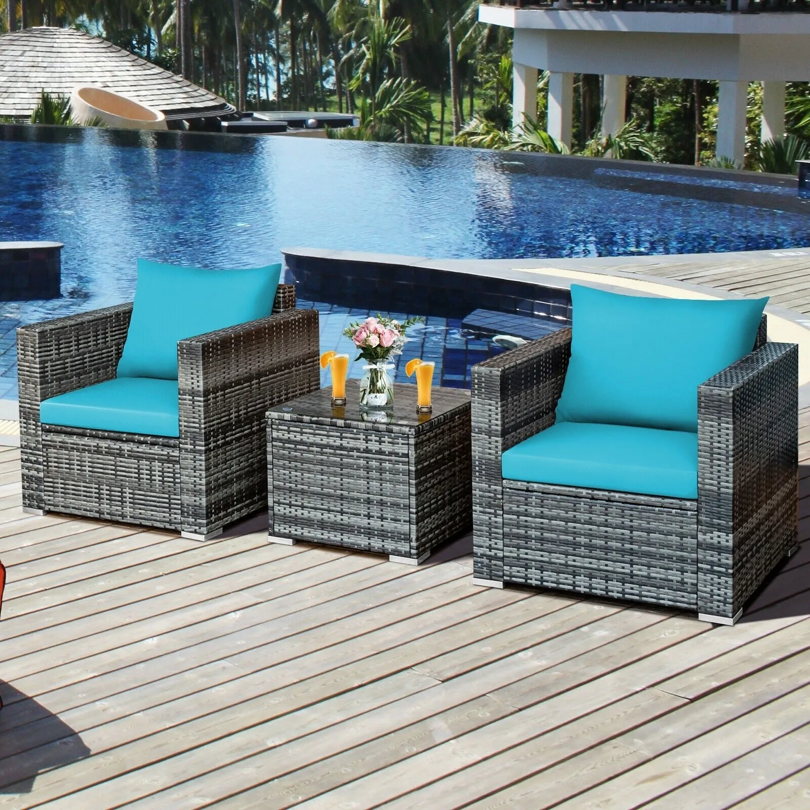 3pc Patio Rattan Sofa Set - Turquoise