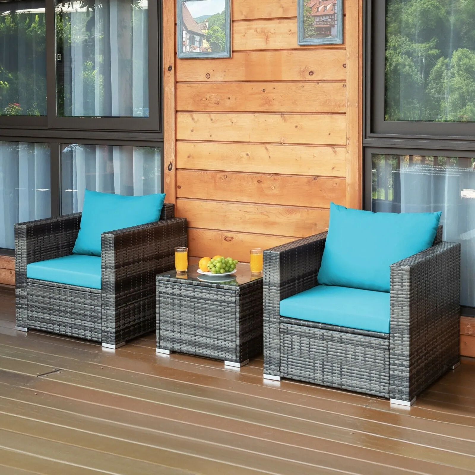 3pc Patio Rattan Sofa Set - Turquoise