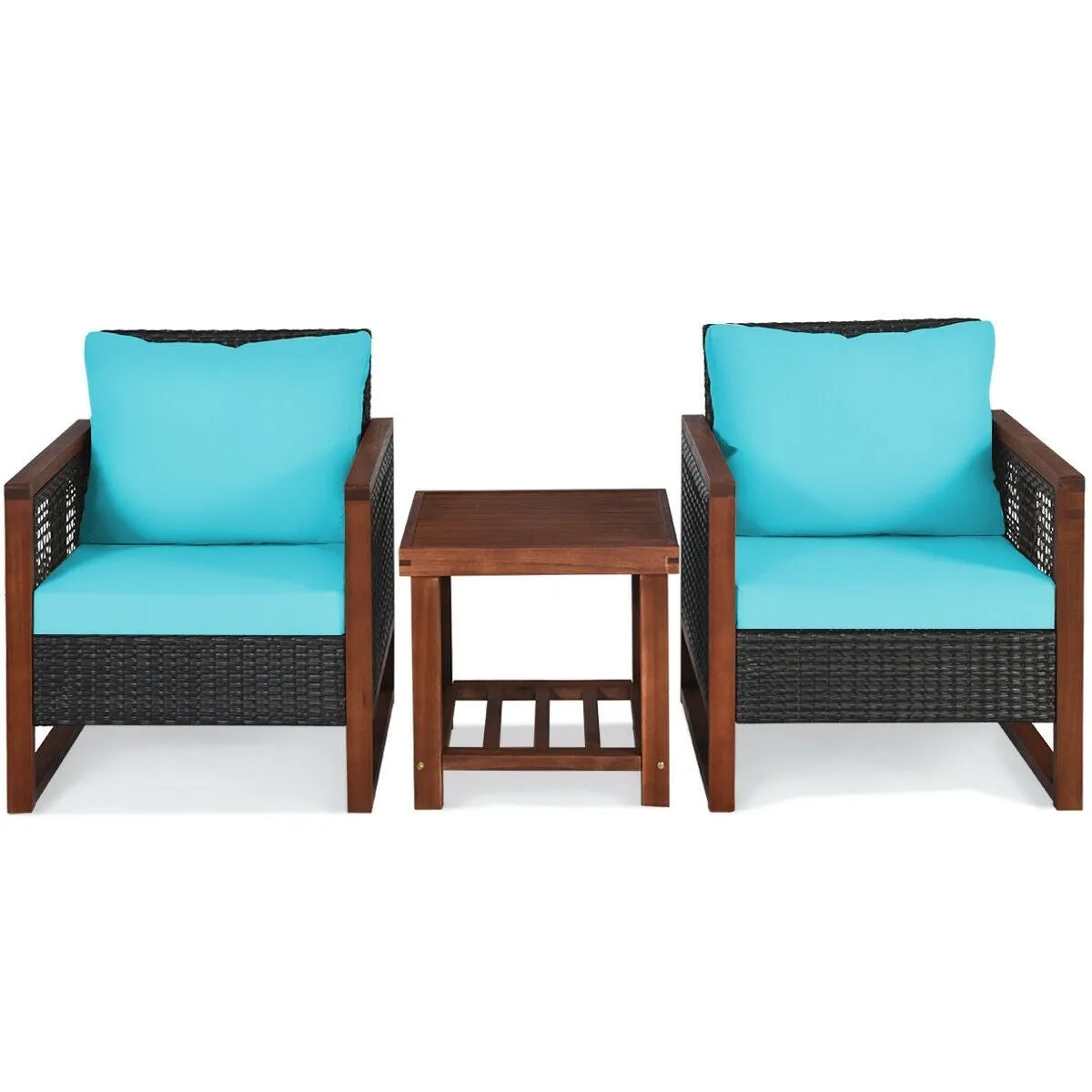 3pc Wicker Rattan Patio Furniture Set with Wooden Frame - Turquoise