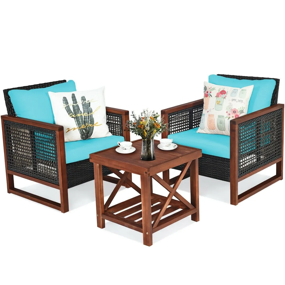 3pc Wicker Rattan Patio Furniture Set with Wooden Frame - Turquoise