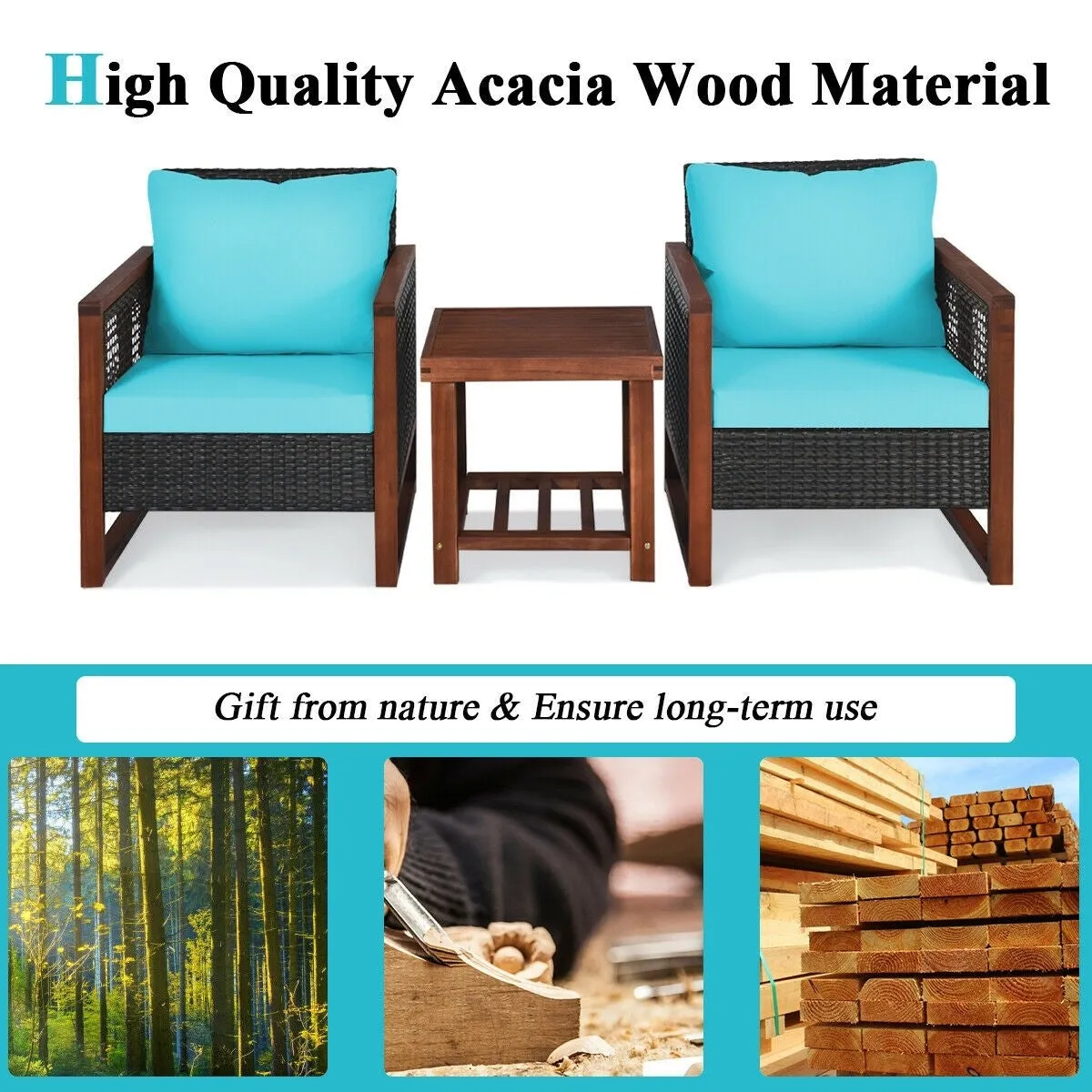 3pc Wicker Rattan Patio Furniture Set with Wooden Frame - Turquoise