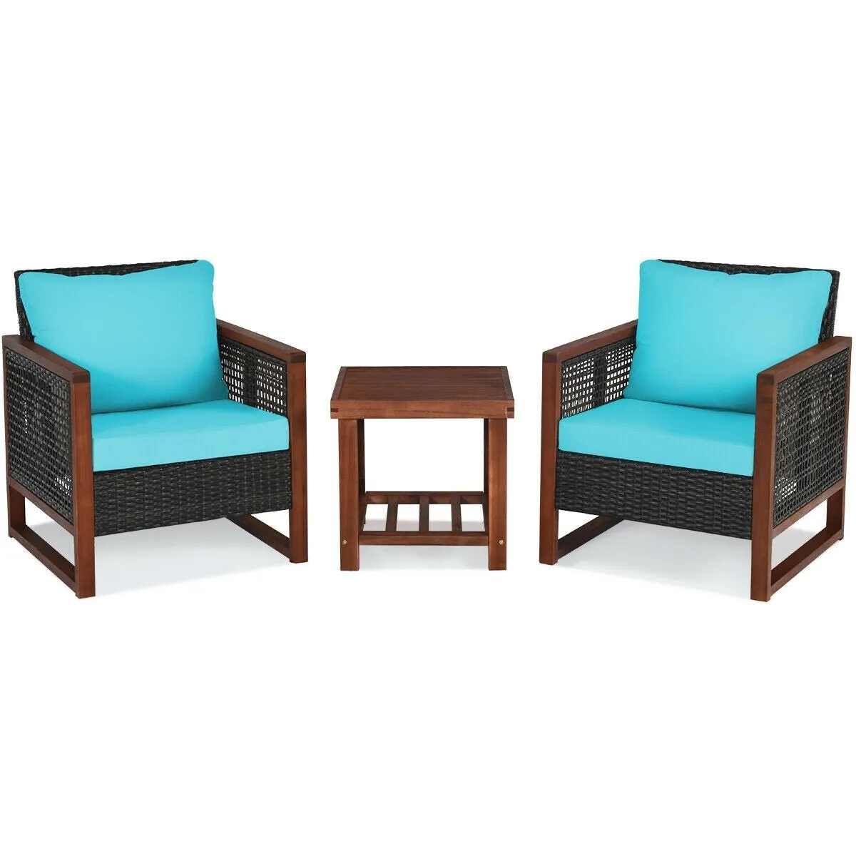 3pc Wicker Rattan Patio Furniture Set with Wooden Frame - Turquoise