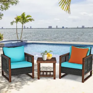 3pc Wicker Rattan Patio Furniture Set with Wooden Frame - Turquoise