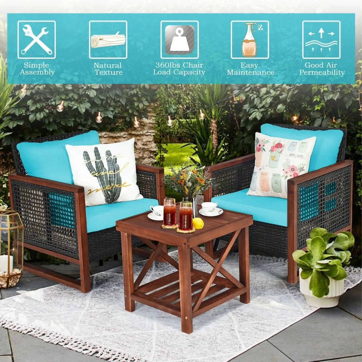 3pc Wicker Rattan Patio Furniture Set with Wooden Frame - Turquoise