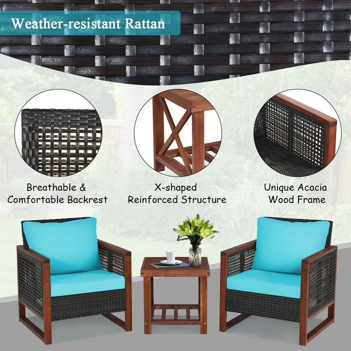 3pc Wicker Rattan Patio Furniture Set with Wooden Frame - Turquoise