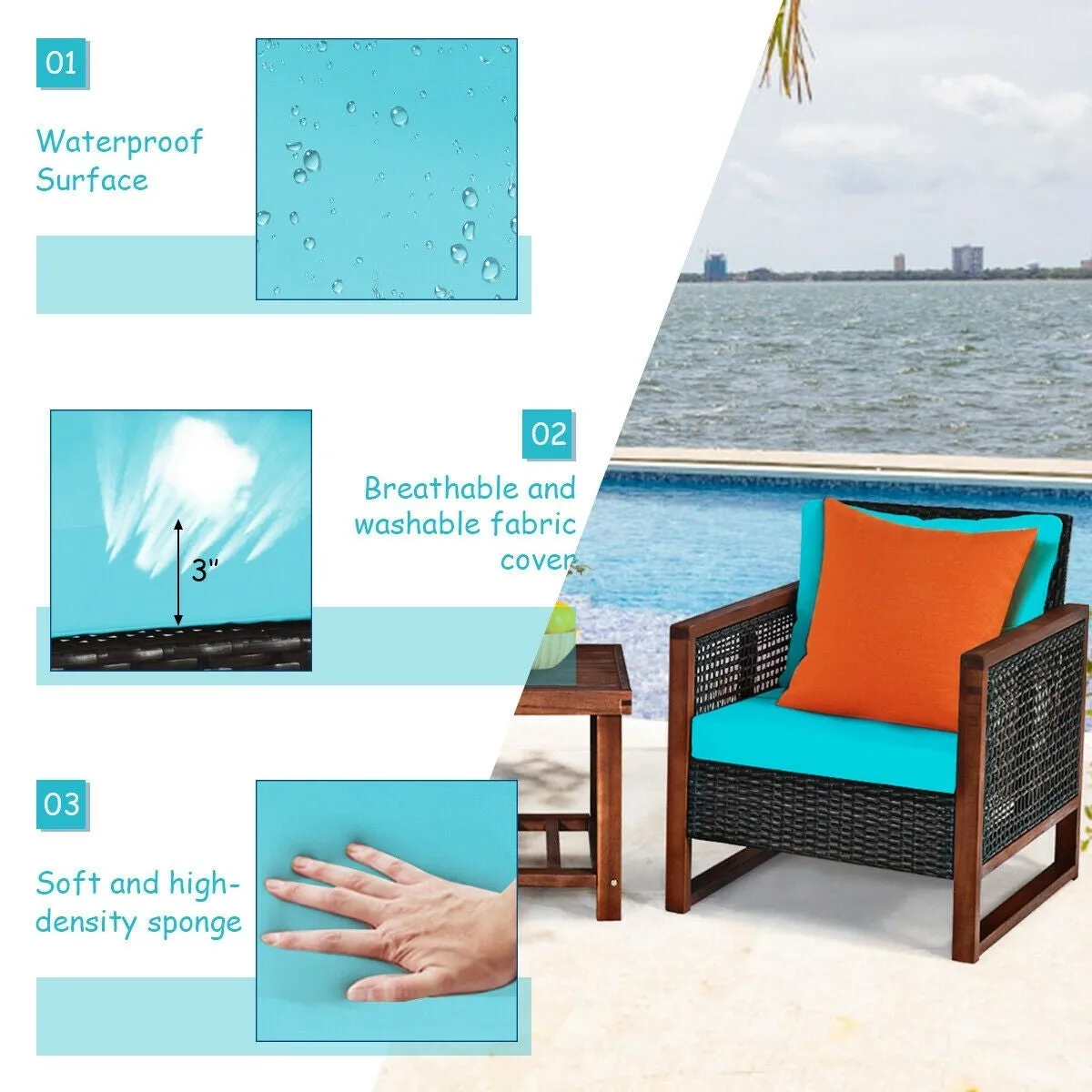 3pc Wicker Rattan Patio Furniture Set with Wooden Frame - Turquoise