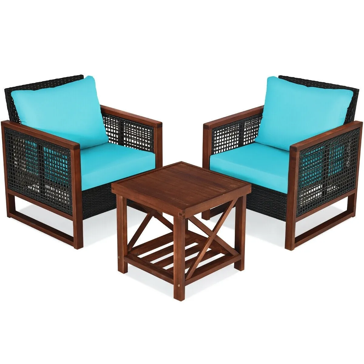 3pc Wicker Rattan Patio Furniture Set with Wooden Frame - Turquoise