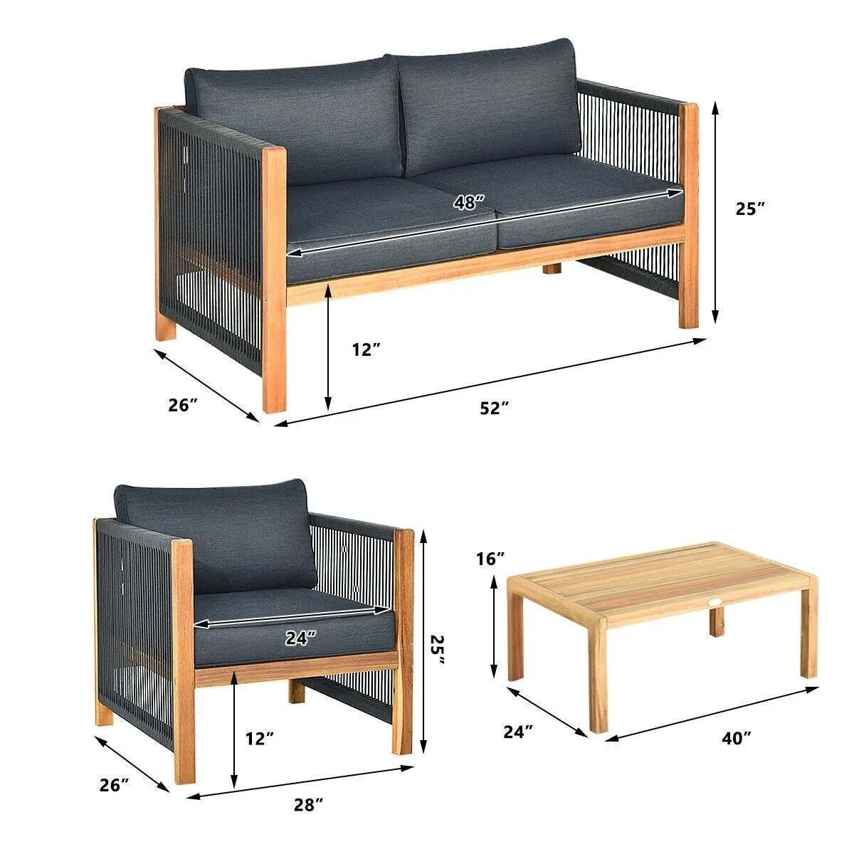 4pc Acacia Wood Outdoor Patio Furniture Set with Cushions - Gray