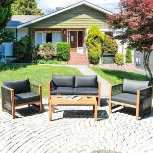 4pc Acacia Wood Outdoor Patio Furniture Set with Cushions - Gray