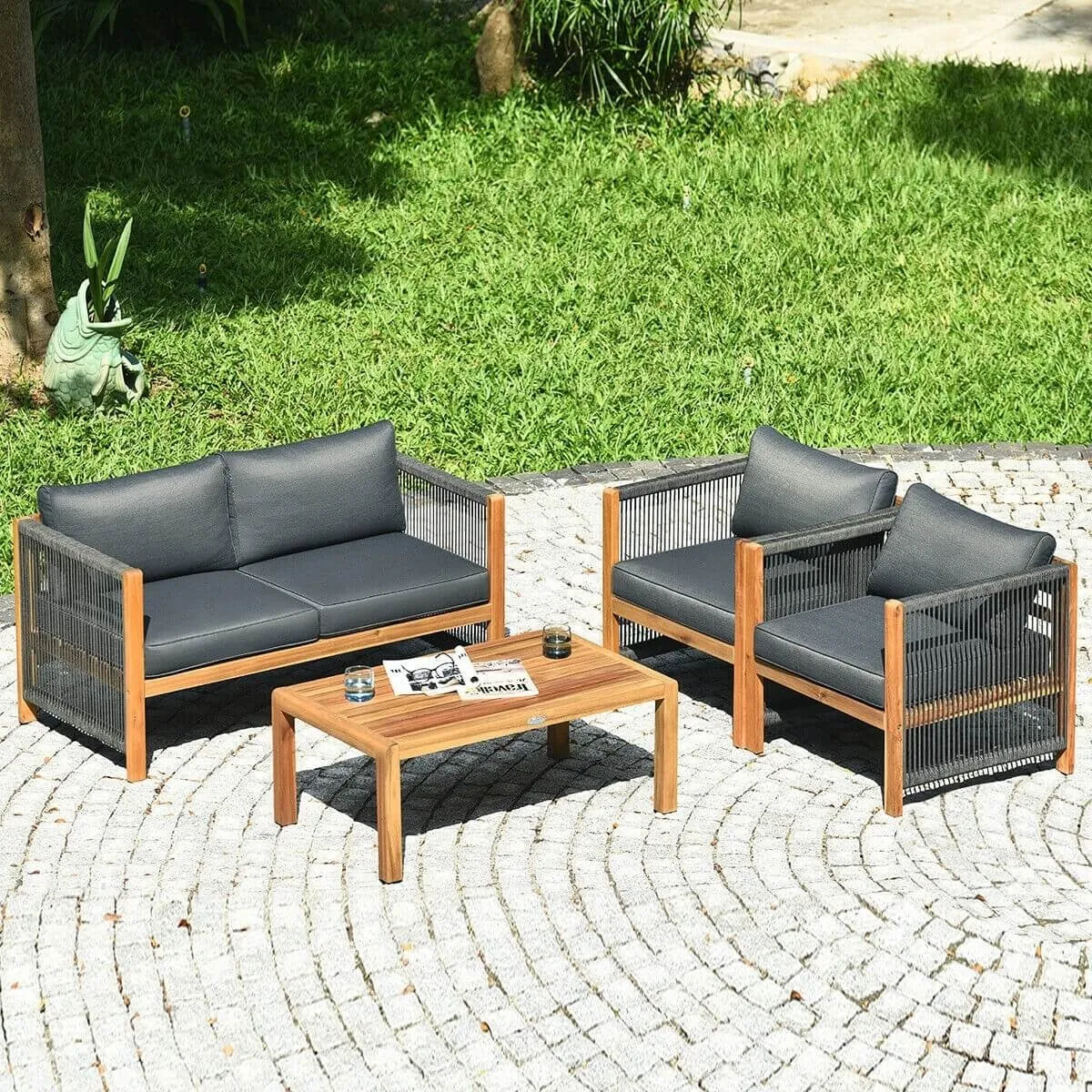 4pc Acacia Wood Outdoor Patio Furniture Set with Cushions - Gray