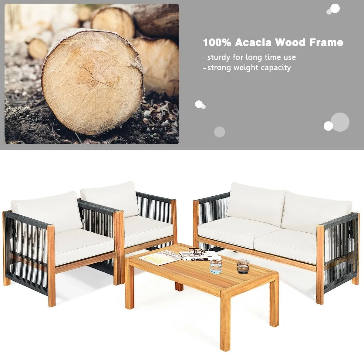 4pc Acacia Wood Outdoor Patio Furniture Set with Cushions - White