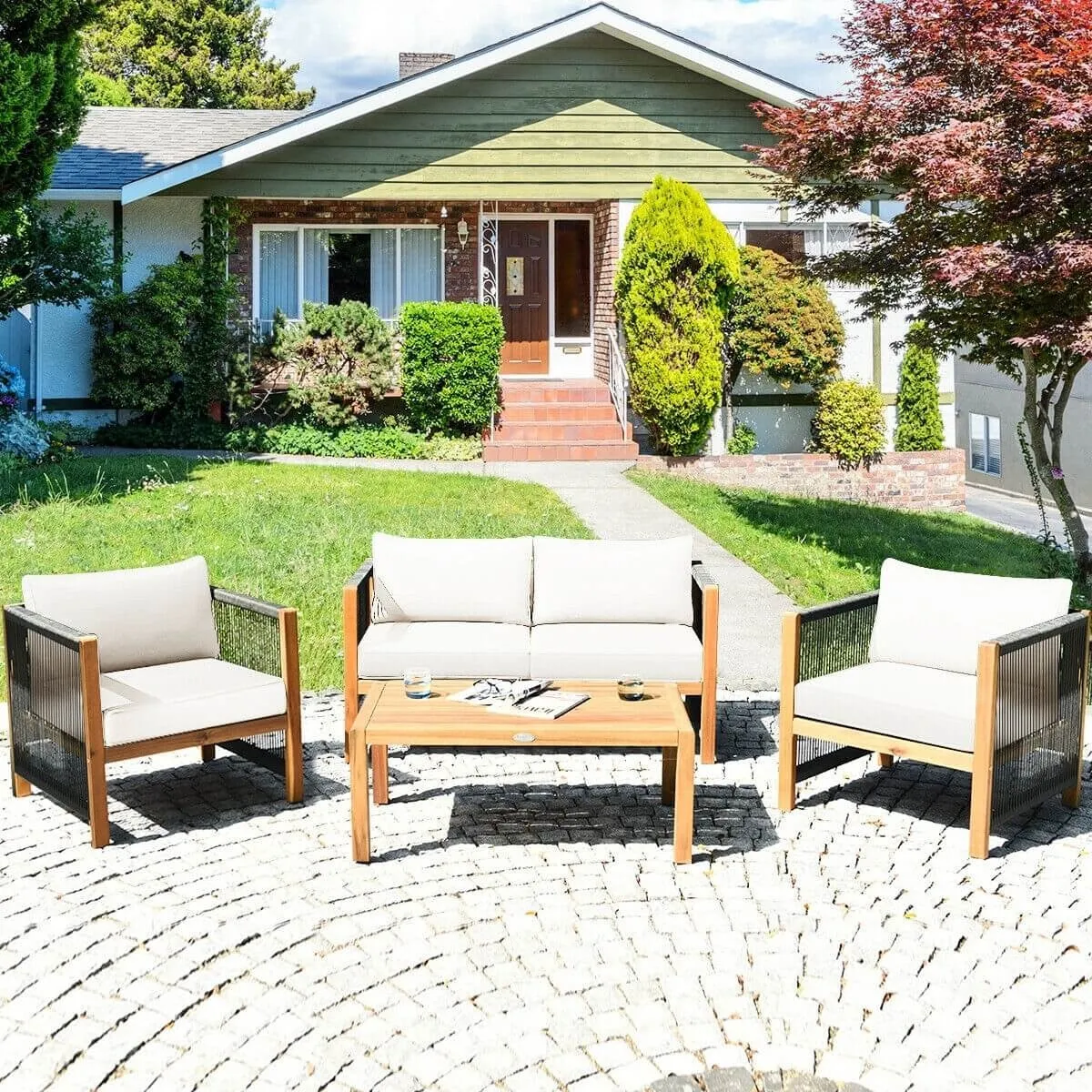 4pc Acacia Wood Outdoor Patio Furniture Set with Cushions - White