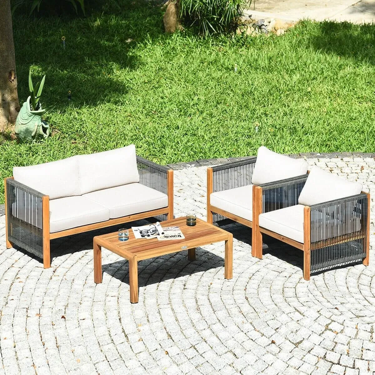 4pc Acacia Wood Outdoor Patio Furniture Set with Cushions - White