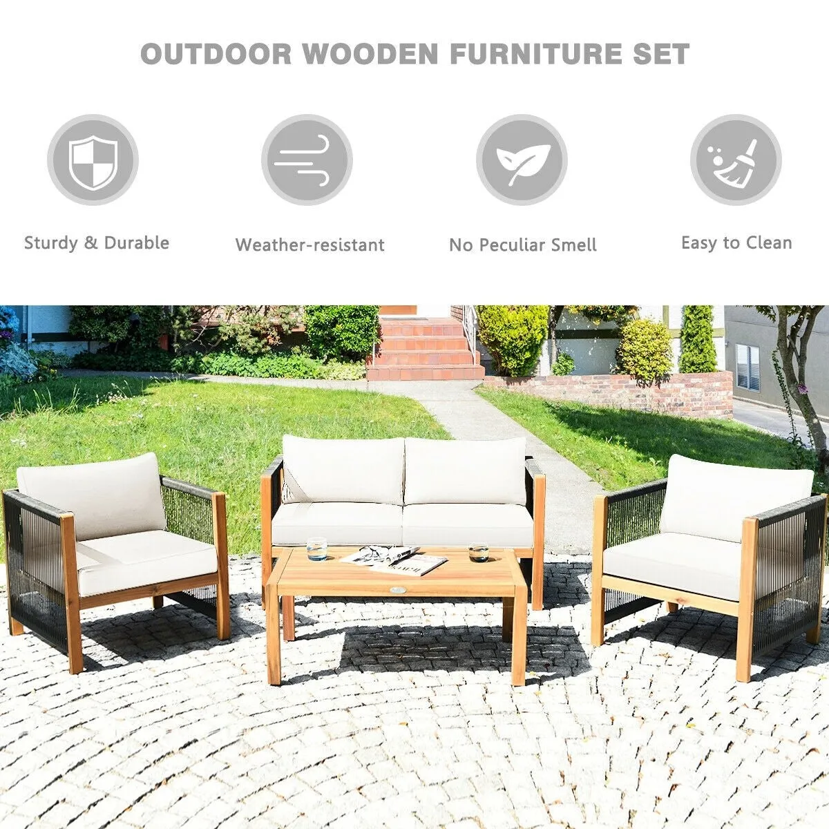 4pc Acacia Wood Outdoor Patio Furniture Set with Cushions - White