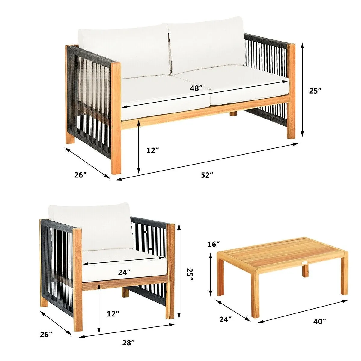 4pc Acacia Wood Outdoor Patio Furniture Set with Cushions - White