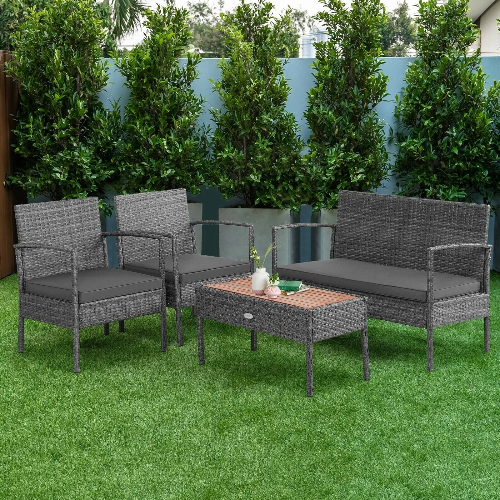 4pc Outdoor Rattan Patio Conversation Set - Gray