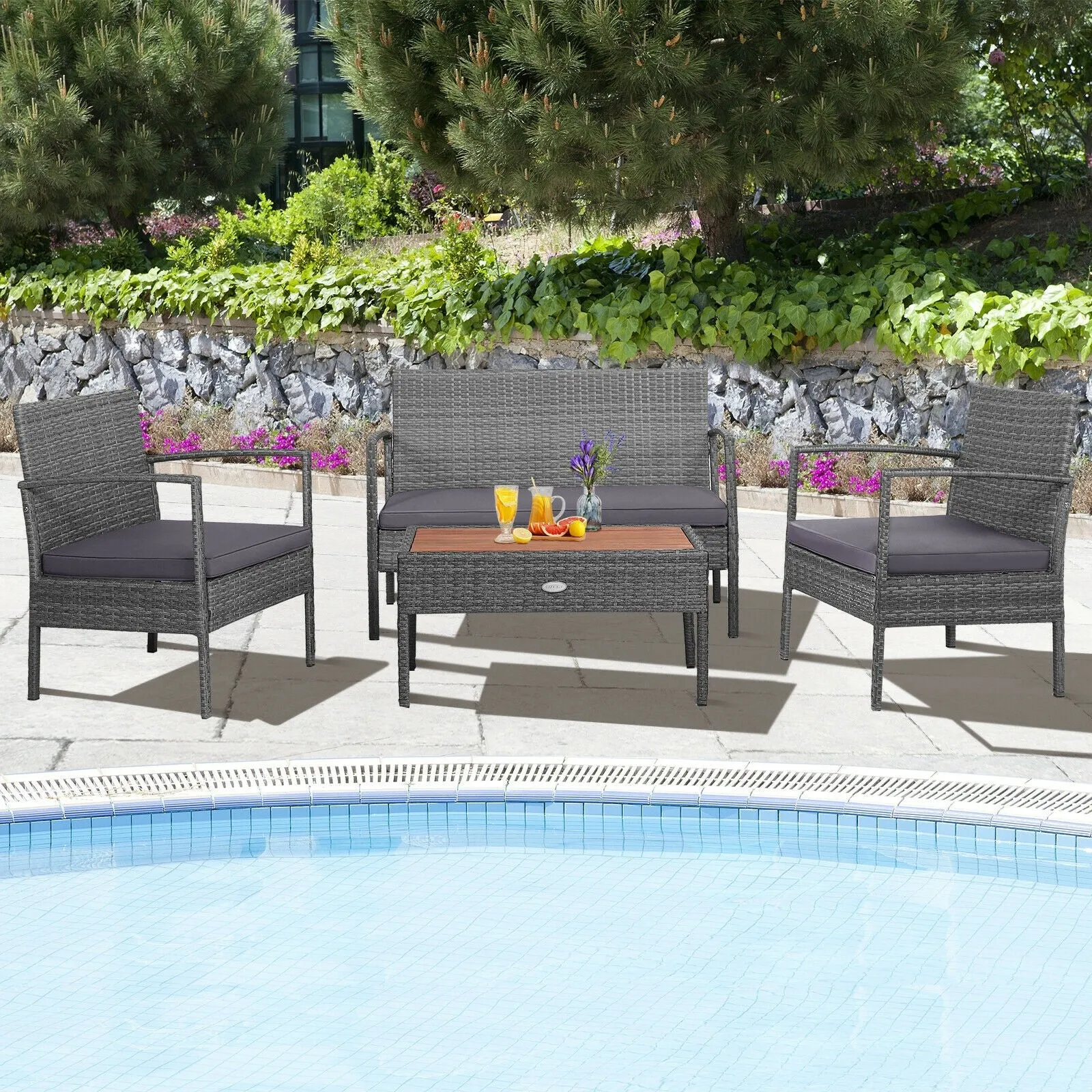 4pc Outdoor Rattan Patio Conversation Set - Gray