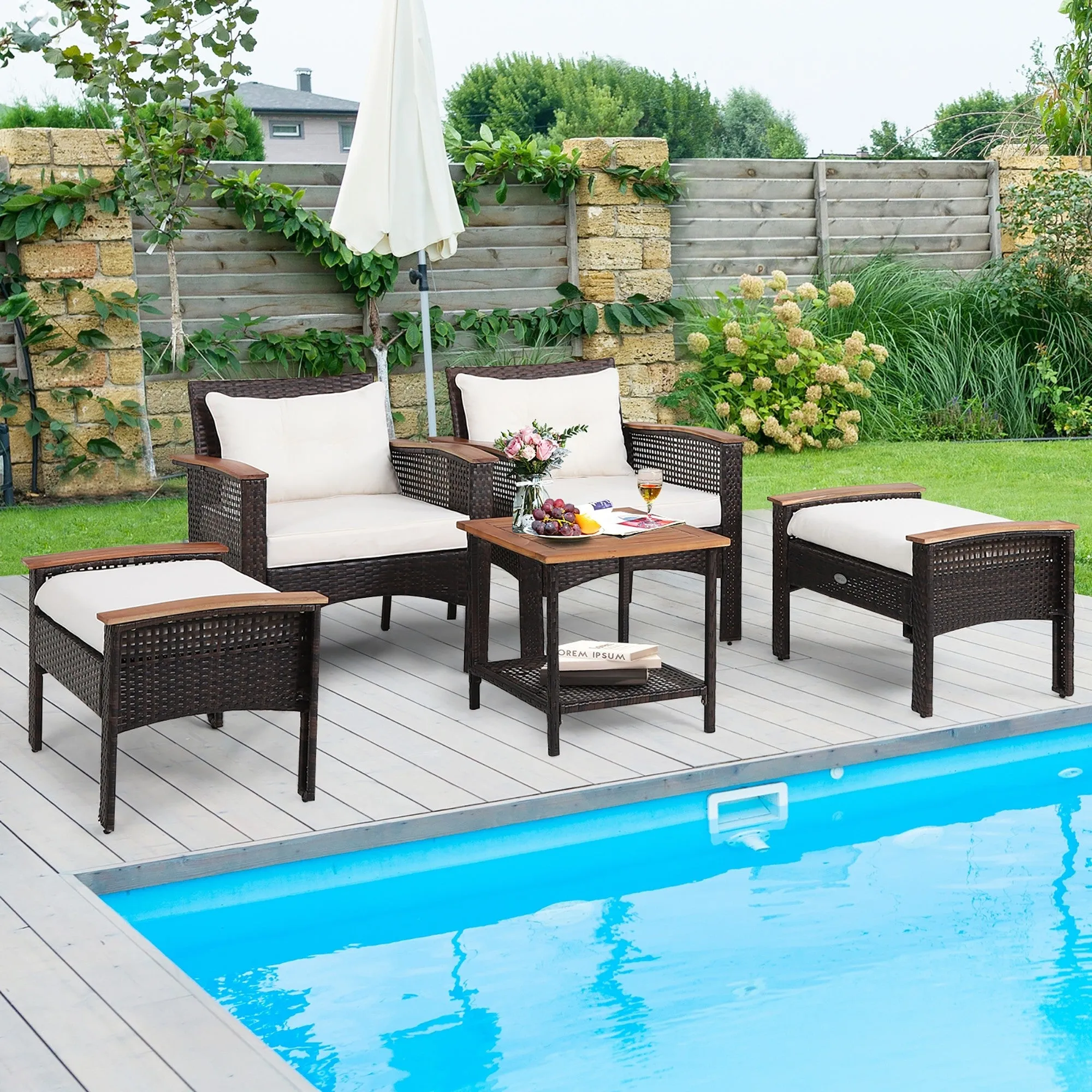 5pc Patio Rattan Furniture Set - Cream White