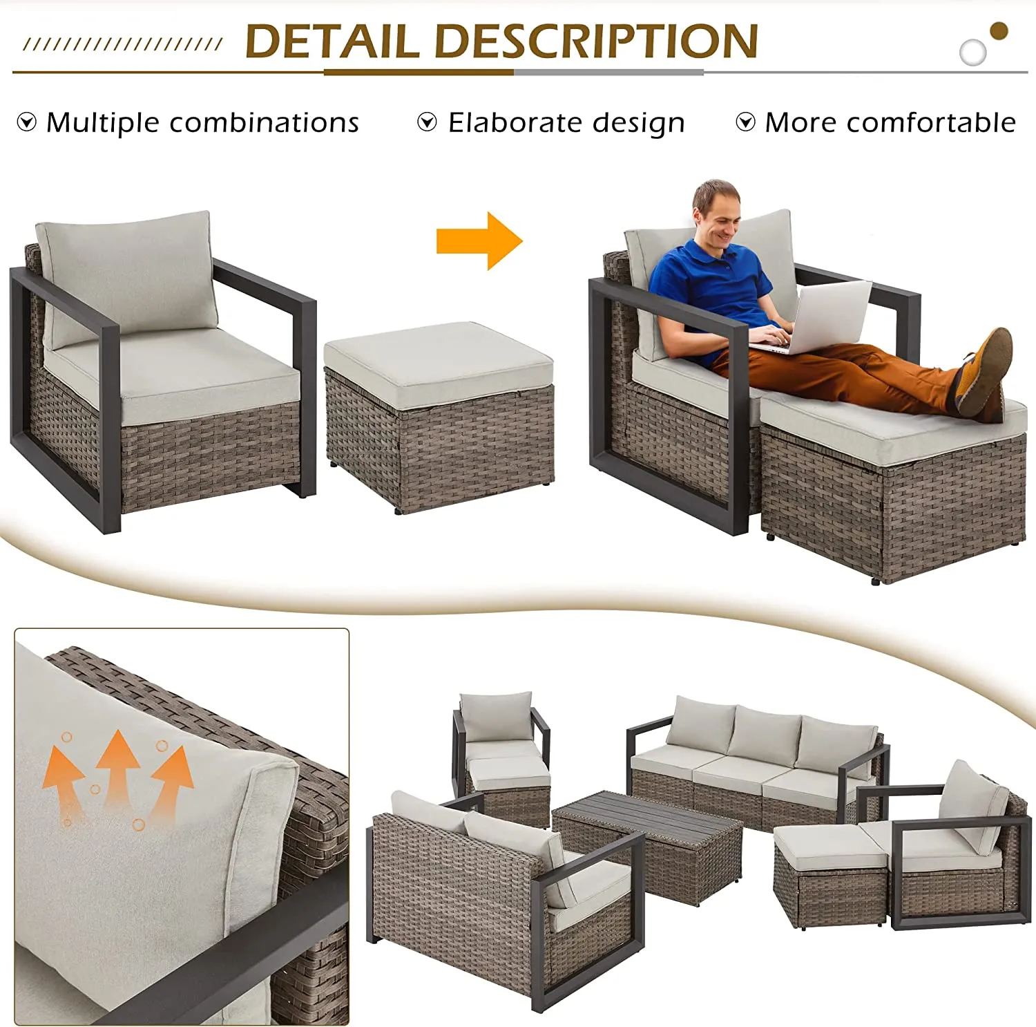 7 Pcs Outdoor Furniture Set with Coffee Table, Cushions & 2 Ottomans, Beige