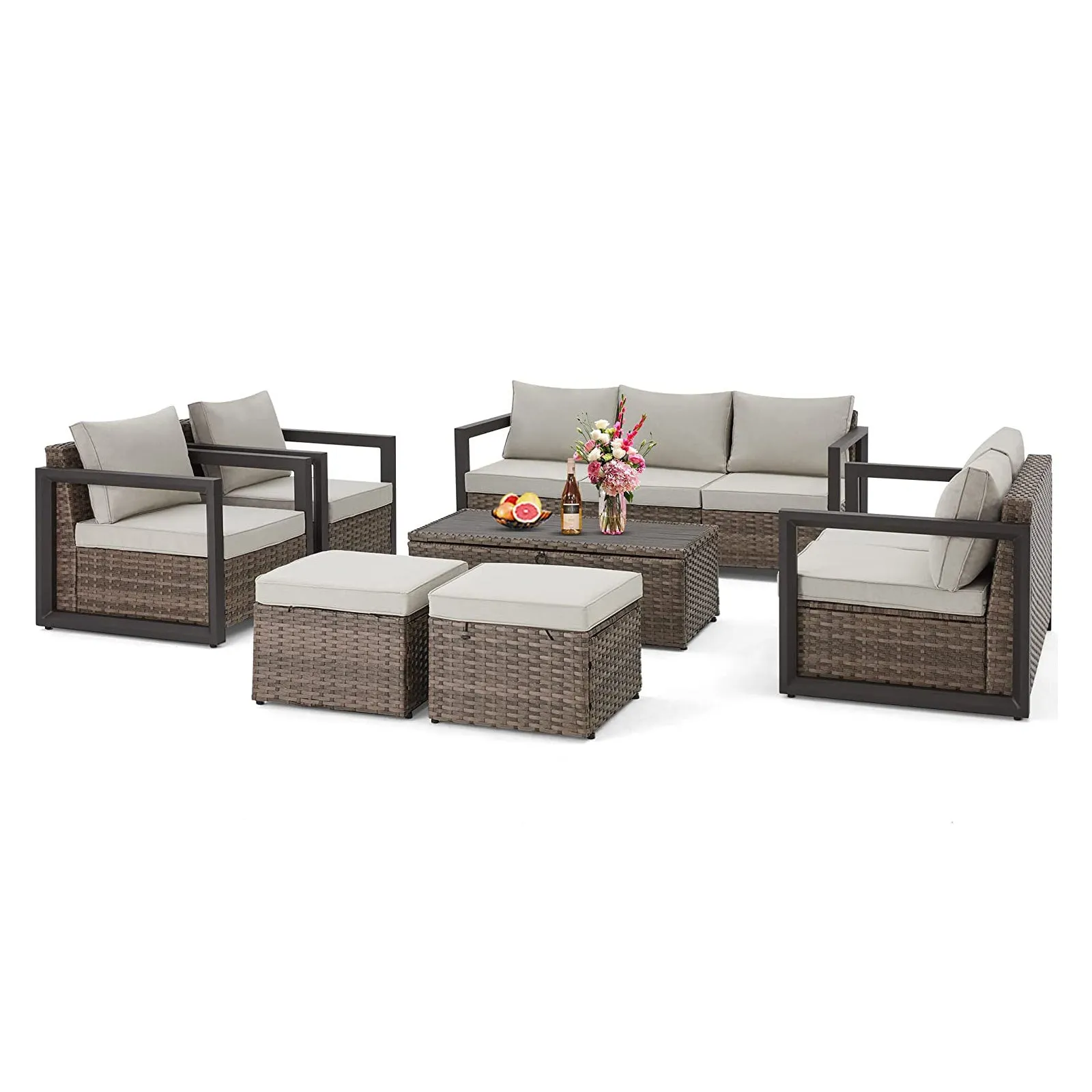 7 Pcs Outdoor Furniture Set with Coffee Table, Cushions & 2 Ottomans, Beige