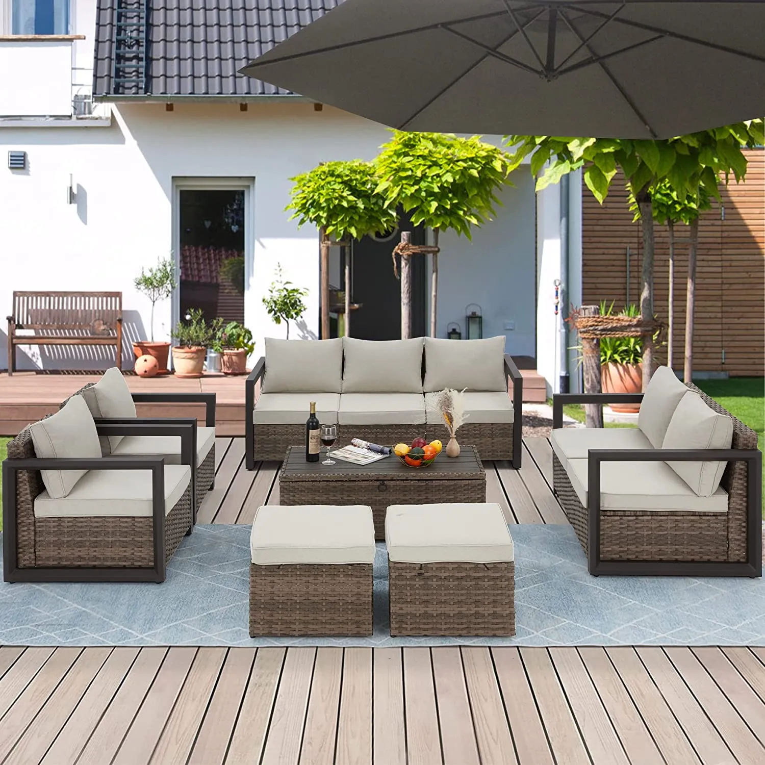 7 Pcs Outdoor Furniture Set with Coffee Table, Cushions & 2 Ottomans, Beige