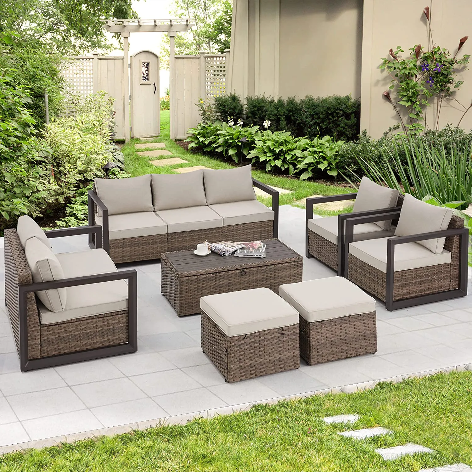 7 Pcs Outdoor Furniture Set with Coffee Table, Cushions & 2 Ottomans, Beige