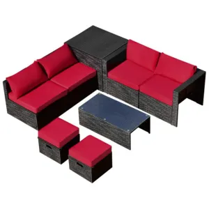 8 Pieces Patio Rattan Storage Table Furniture Set-Red