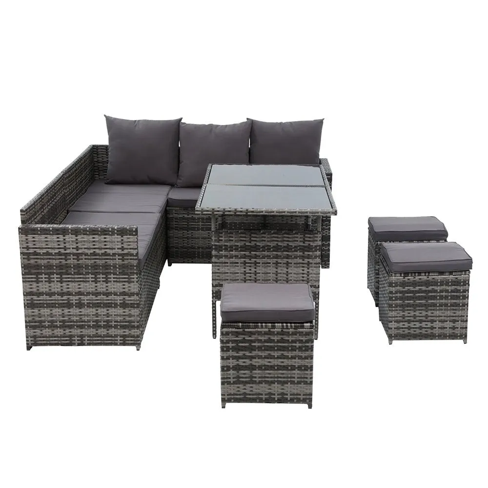 9 Seat Wicker Outdoor Lounge Setting with Storage Cover - Mixed Grey