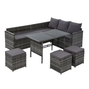 9 Seat Wicker Outdoor Lounge Setting with Storage Cover - Mixed Grey