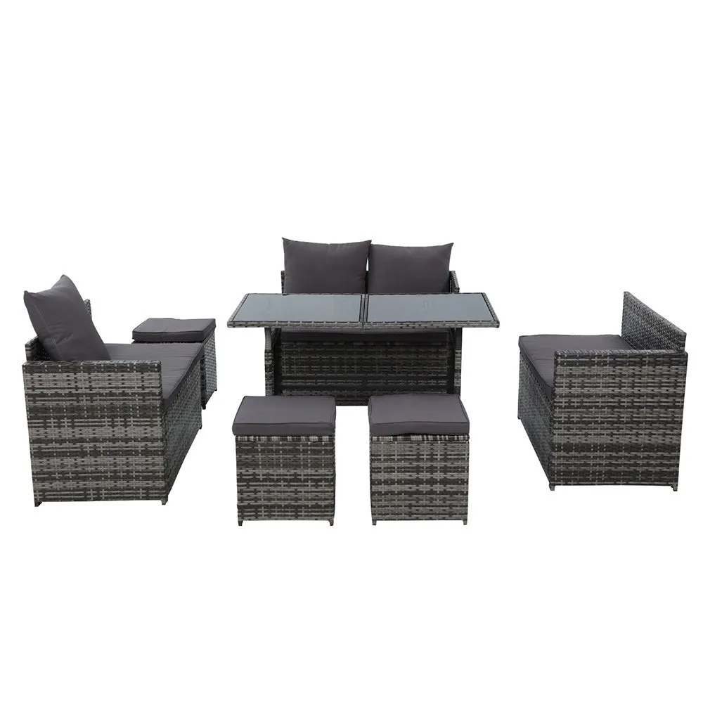 9 Seat Wicker Outdoor Lounge Setting with Storage Cover - Mixed Grey