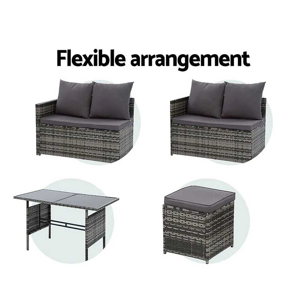 9 Seat Wicker Outdoor Lounge Setting with Storage Cover - Mixed Grey