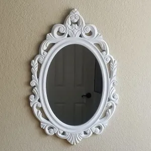 AH.WOODHANDICRAFTS Oval Wall Mirror, White Frame, Ornate Design