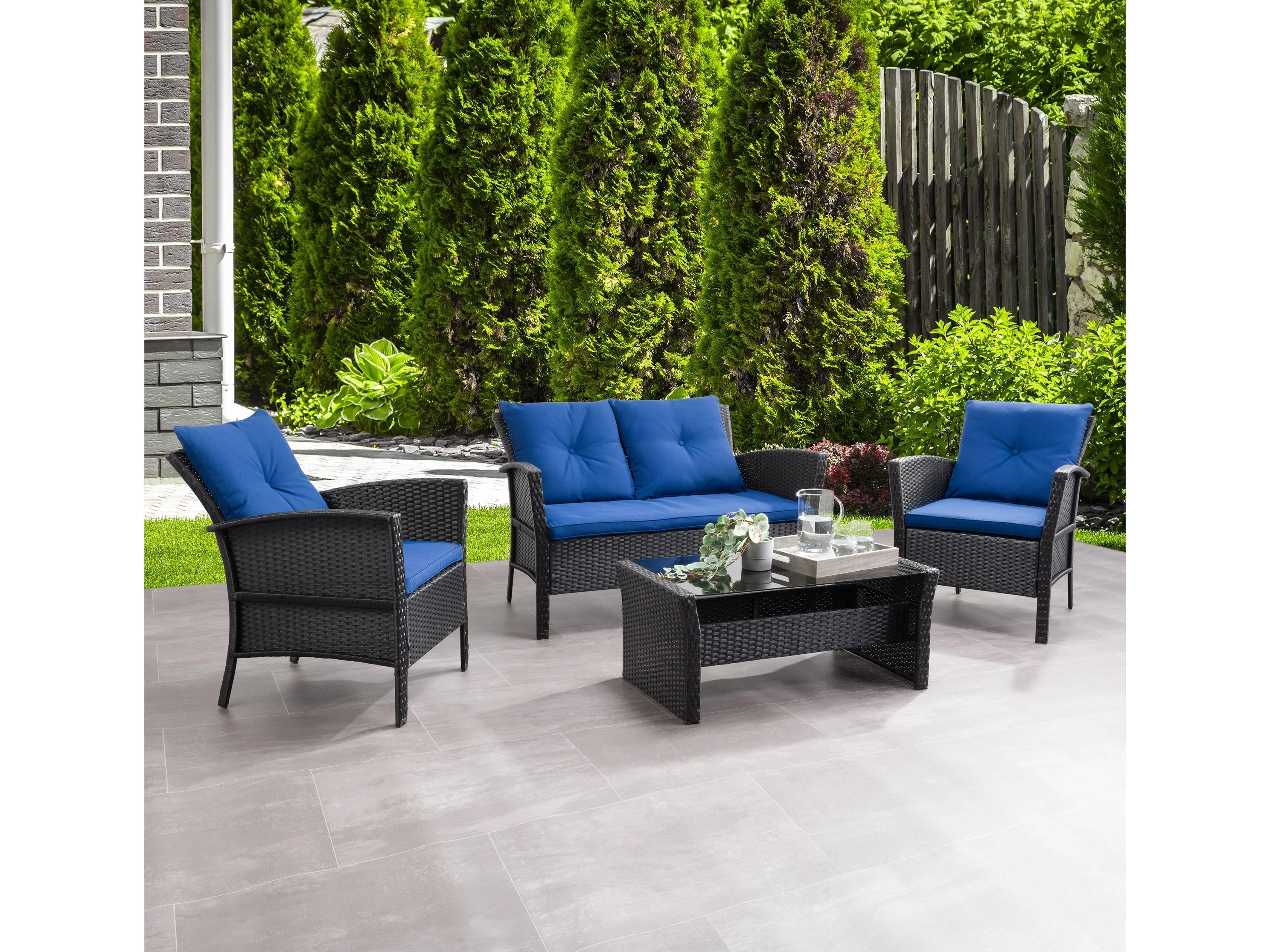 Black and Navy Blue Wicker Patio Set, 4pc